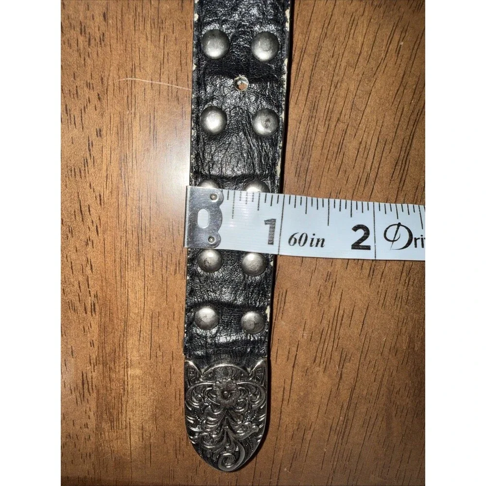 Y2K Studded Punk Grunge Biker Belt Black Silver Engraved Buckle One Size